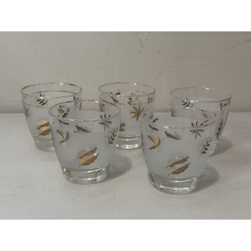 Set of 4 Vintage Libbey Golden Foliage Old Fashioned Glass 22K Gold Leaf Frosted